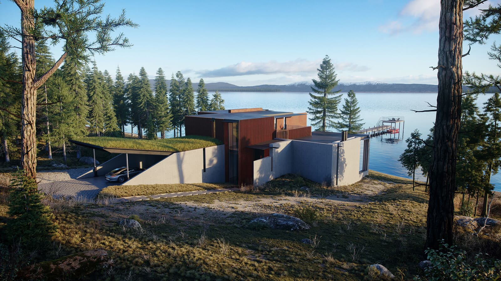 3D rendering of a modern lakeside home near San Francisco, featuring clean architectural lines, a green roof, and surrounded by pine trees, with a serene lake and mountain views in the background.