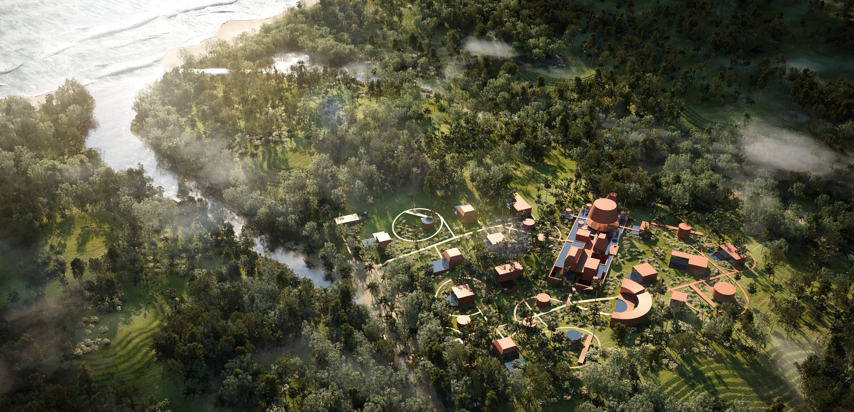 Aerial masterplan visualization in a forested coastal area demonstrating planning detail and the cost of 3D architectural rendering for developments.