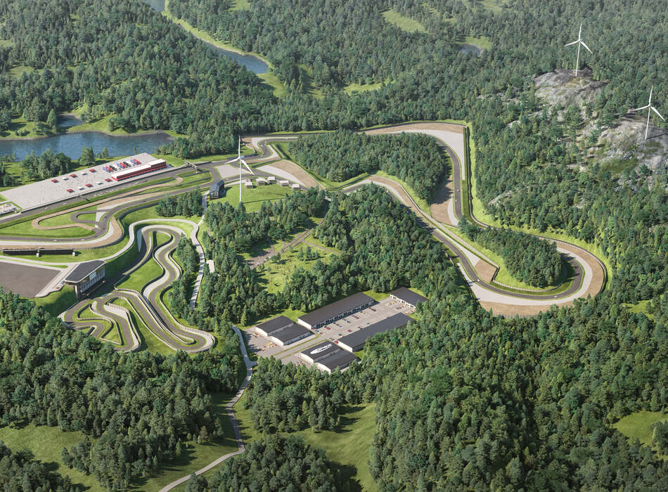 High-detail rendering of a scenic race track integrated into a lush green forest, with buildings and wind turbines in view — designed by Apex Circuit Design and visualized by omegarender.