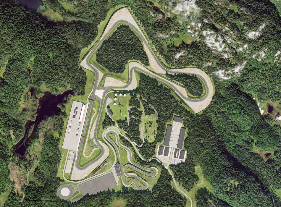 Top-down render of a winding motorsport circuit with multiple training loops, technical buildings, and dense surrounding greenery — produced by omegarender for Apex Circuit Design.ners
